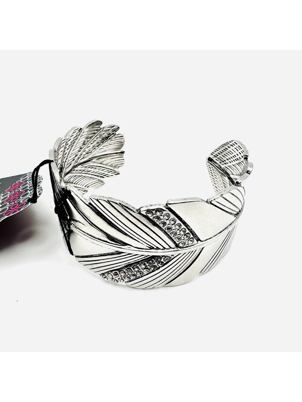 New Paparazzi Party Fowl Silver Tone Hematite Rhinestone Feather Cuff Bracelet